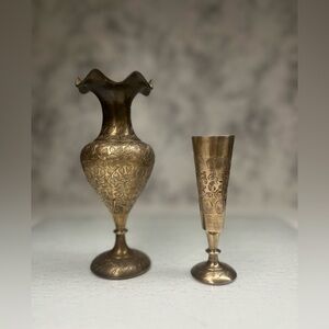 Vintage Etched Brass Vase Set of 2 - Hand Engraved Floral Bud Vases ,7" and 5”